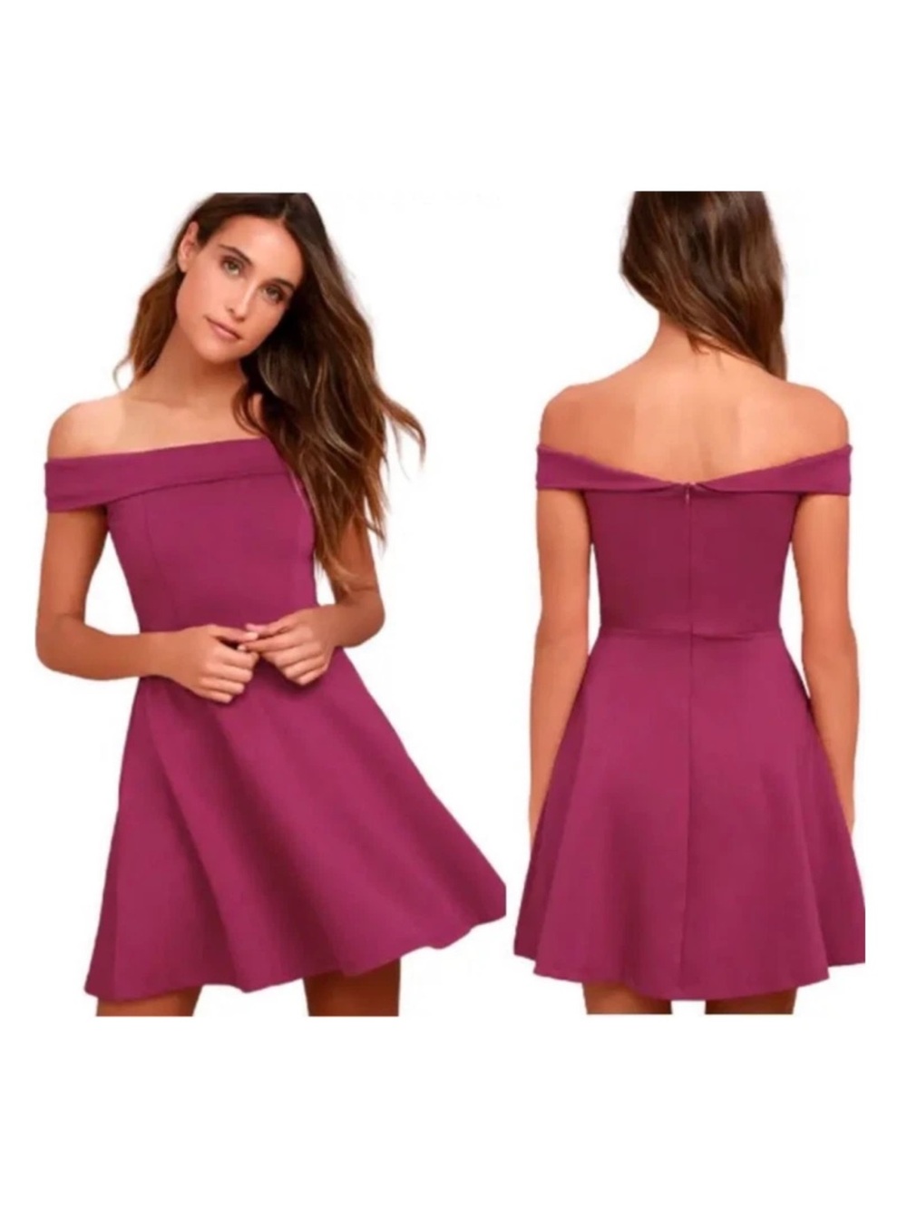 #380- Lulu's “Season of Fun” Off The Shoulder Dress in Magenta